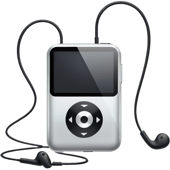 Futuristic iPod emoji with earphones, metallic black and white, smooth reflective surfaces, flat minimal vector design, clean UI style emoji