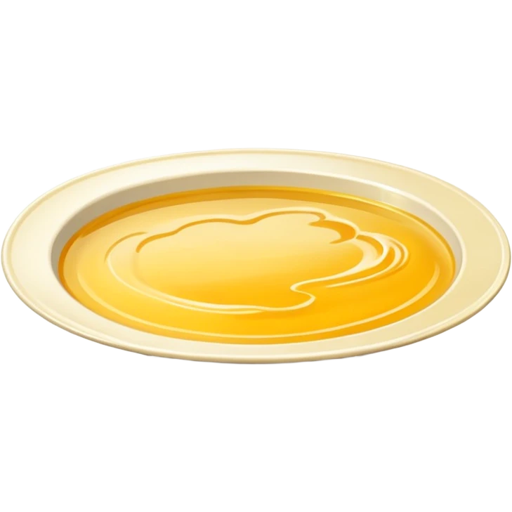 chicken broth puddle, small, glossy, golden-yellow, translucent, slightly oily, soft ripples, rich color, subtle poultry and vegetable tones, no bowl or extras, soft lighting, emoji scale emoji