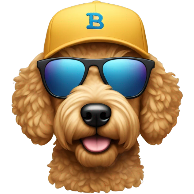 Golden doodle wearing sunglasses and a backwards hat emoji