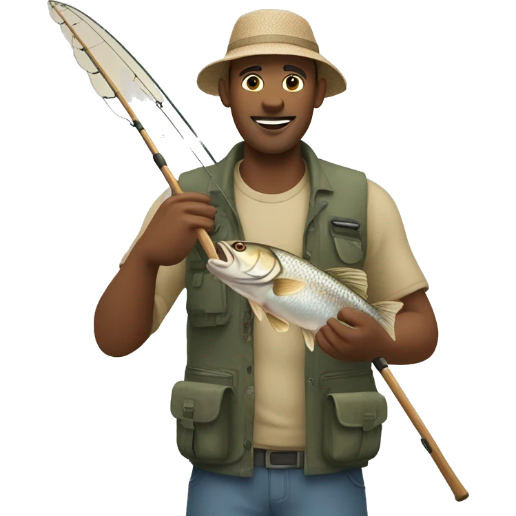 Skin colored man fishing, holding a fish and a fishing rod emoji