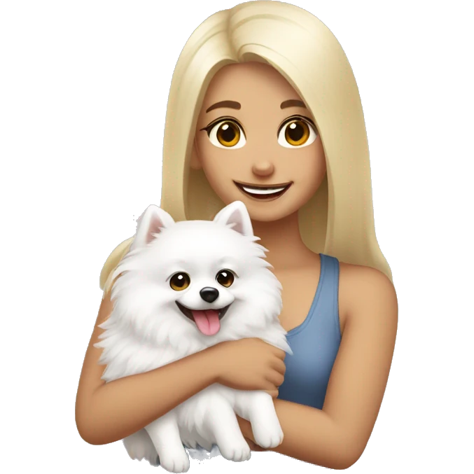girl smiling hug white pomeranian emoji