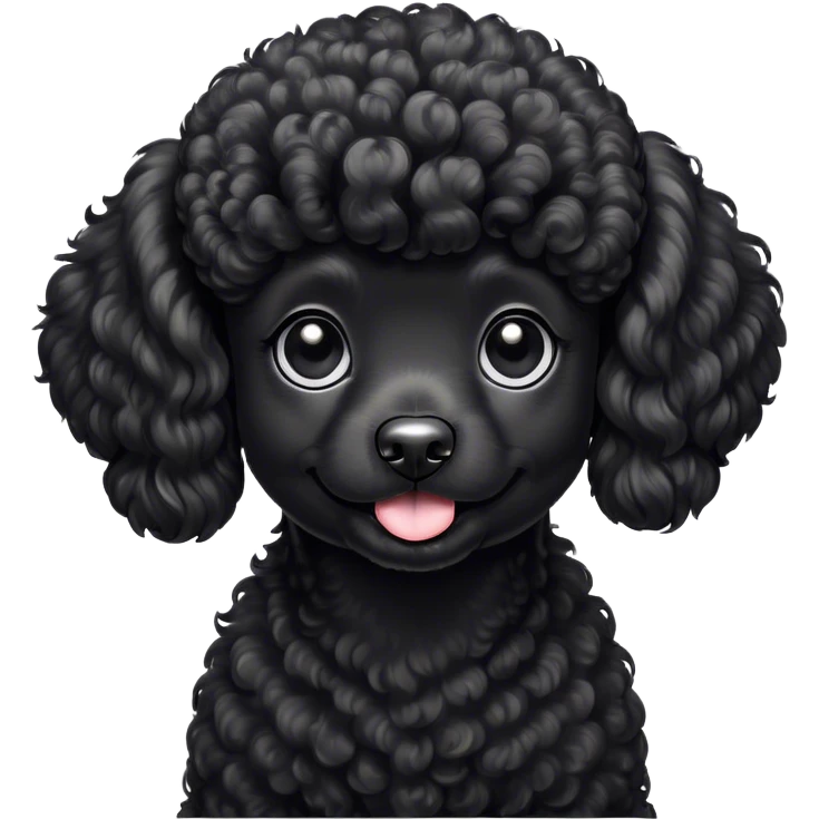 Cinematic Cute Black Poodle Portrait Emoji, Head tilted playfully and inquisitively, showcasing a bouncy, curly jet-black Fur with a striking sheen, round, sparkling dark eyes filled with curiosity, Simplified yet irresistibly adorable features, highly detailed, glowing with a warm, friendly glow, high shine, affectionate and lively, stylized with a touch of whimsy, bright and endearing, soft glowing outline, capturing the essence of a mischievous yet loving companion, so playful it feels like it could bounce out of the screen and into your arms! emoji