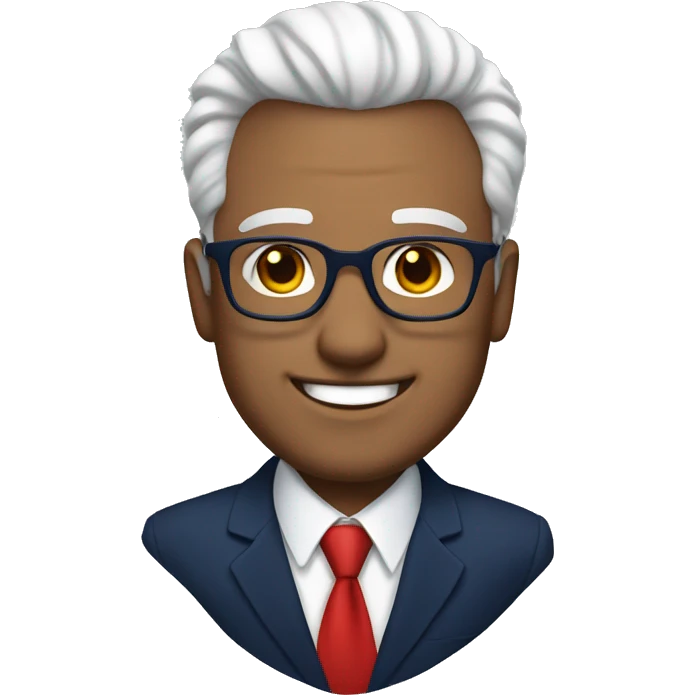 A heavy man, white skin, white hair, with glasses, no beard, smiling with teeth, and wearing a navy blue suit and red tie emoji