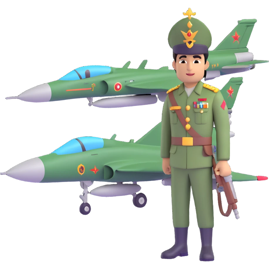 Pakistani soldier with a regal king's hat grasping an Indian fighter jet, cartoon style emoji