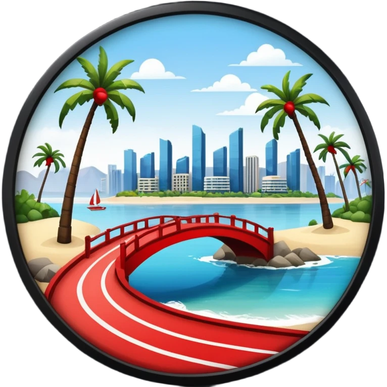 a circle island with modern buildings, a beach with palm trees and a red bridge in the back  emoji