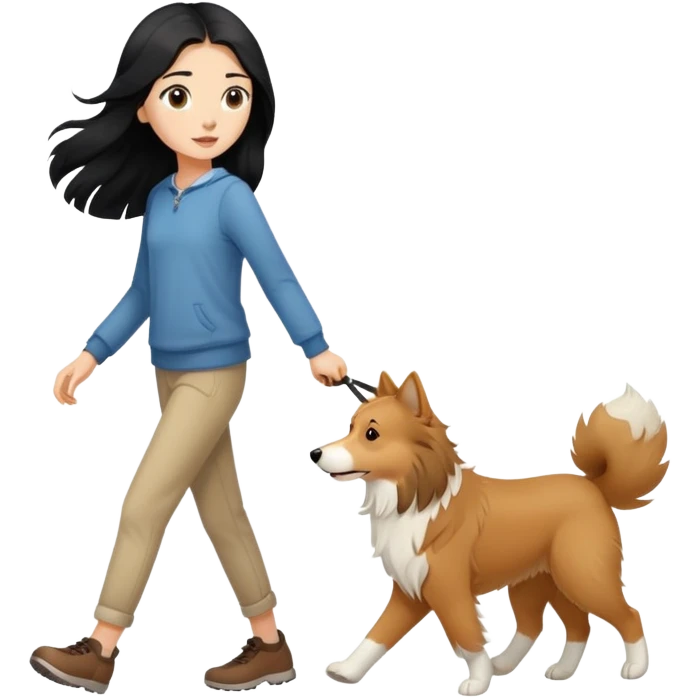 A girl with long black hair walking with a light brown collie emoji