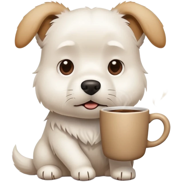 A white dog holding a coffee cup looking stressed and busy emoji