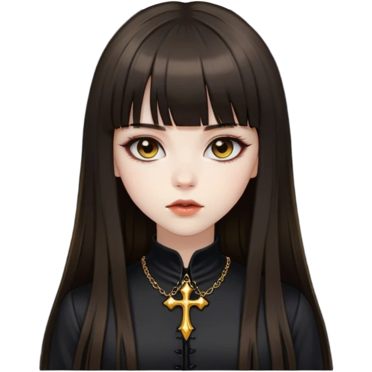 Beautiful girl, dark brown long hair, bangs, straight hair, golden brown eyes, pale, black/gothic clothing emoji