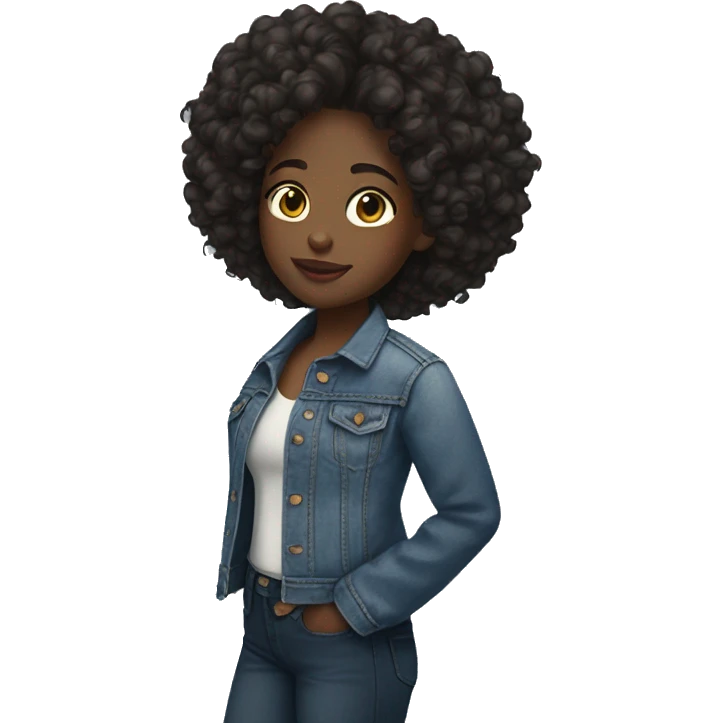 black girl in jean jacket with dark brown curly hair emoji