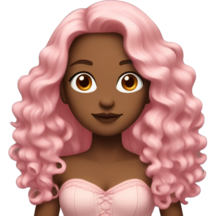 Woman with brown long wavy hair, light skin, pink corset, blush emoji