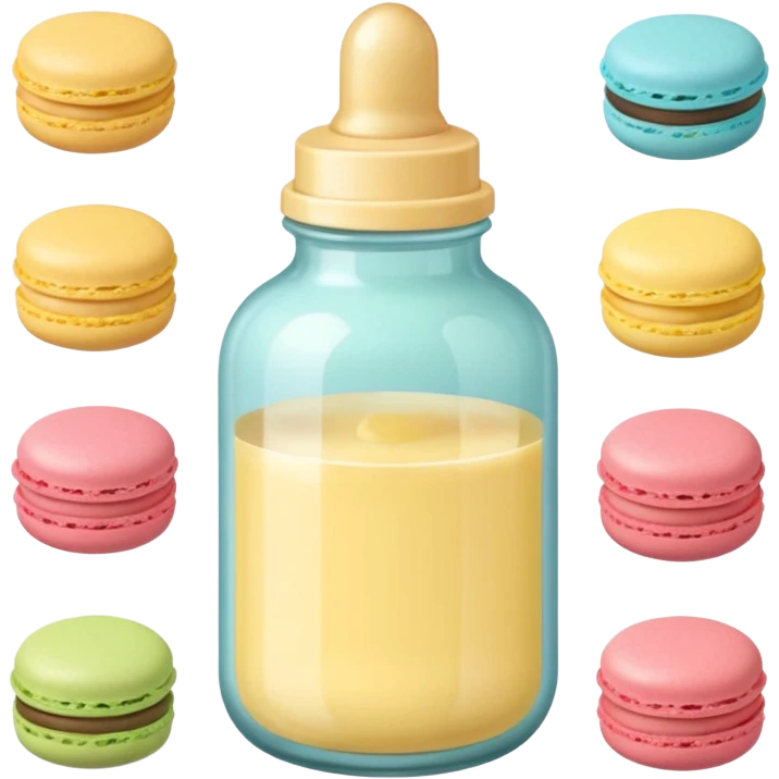 A cute baby bottle with a light yellow nipple and cute stickers on the bottle body. Macaron color palette emoji