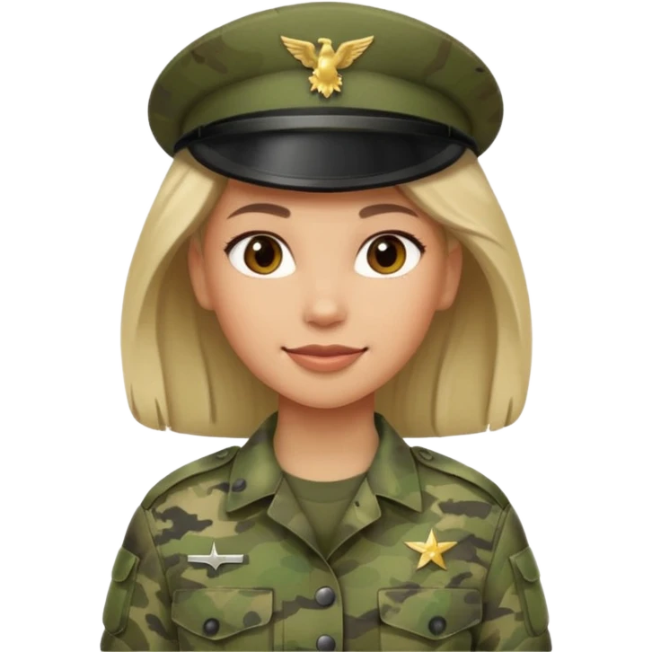 Female soldier emoji in Apple style, no cap/helmet, bust portrait, gentle smile, generic camo, hair visible, soft gradients, transparent PNG emoji