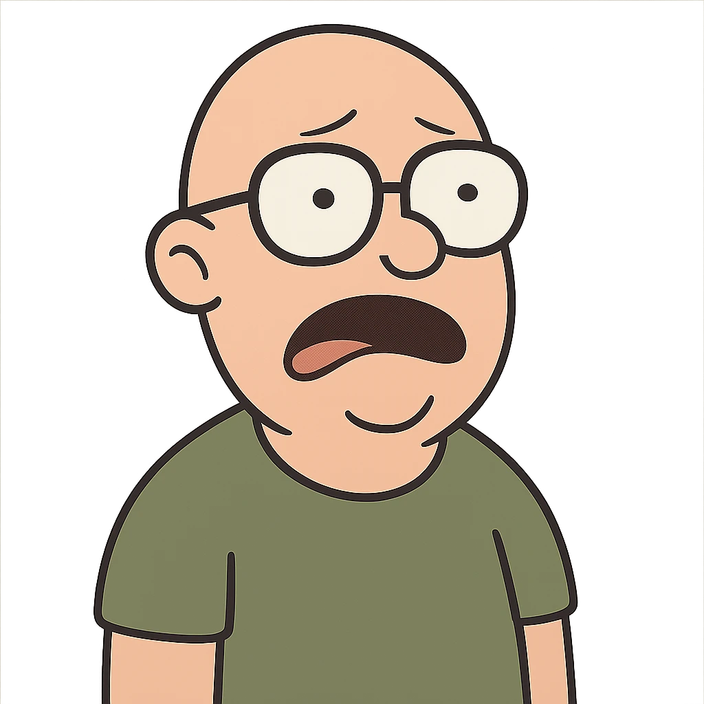 flat toon style bald guy with glasses, looking dumb emoji