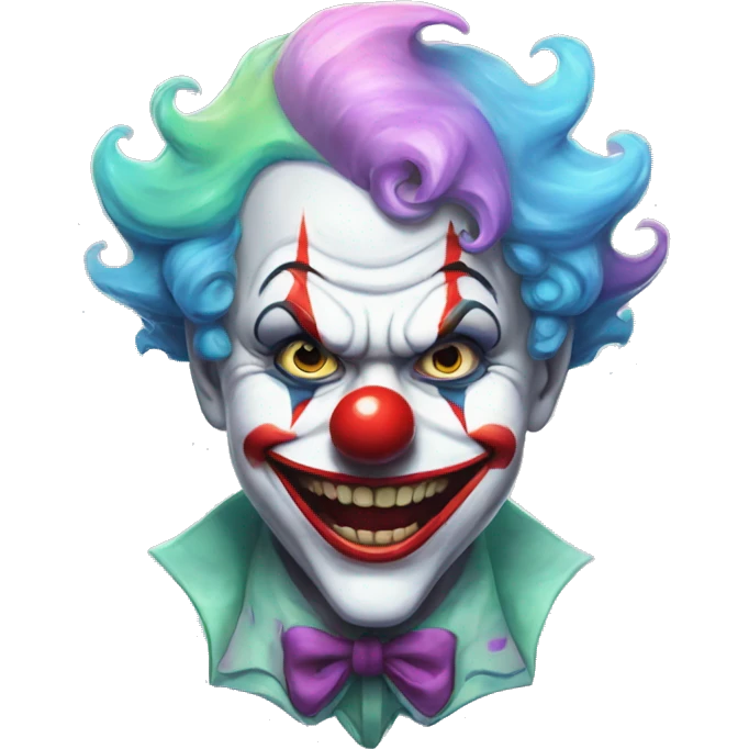 A soaking wet clown, joker-like, very scary, pastel colours, emoji
