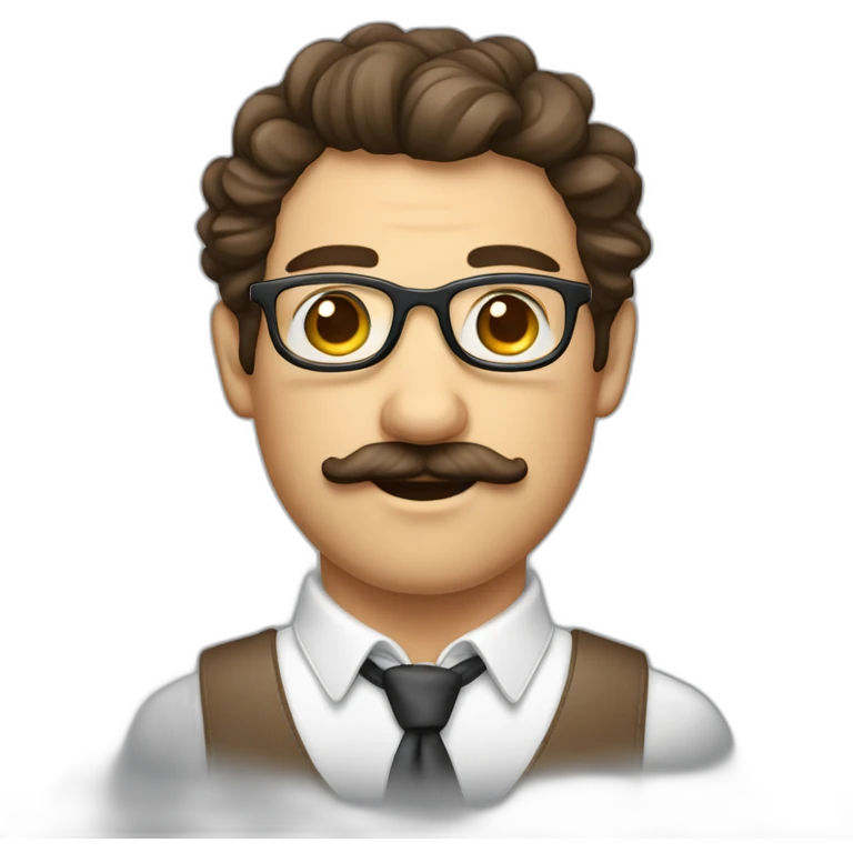 homme cheveux bouclé et brun, fine lunette et moustache emoji