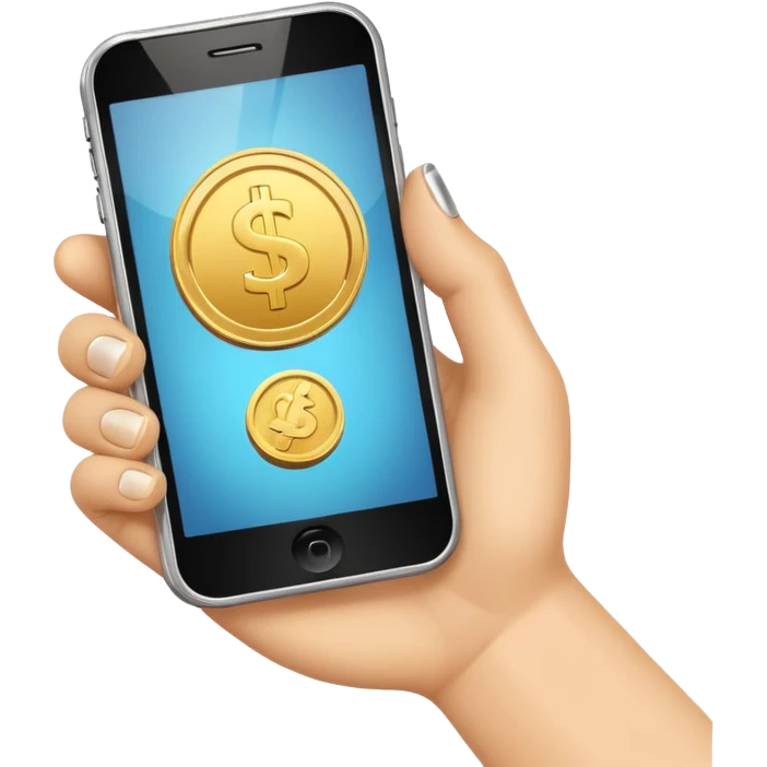 hand holding a phone showing a play icon and coin emoji