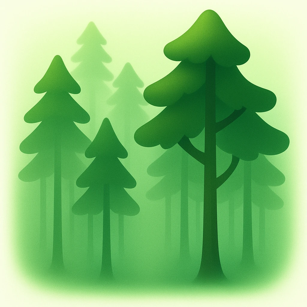 Create a forest emoji inspired by the reference image with tall thin trees, a misty atmosphere, and a simplified emoji-like style. Add a soft green glow effect to the scene. The style should be similar to the reference but adapted for emoji use. emoji
