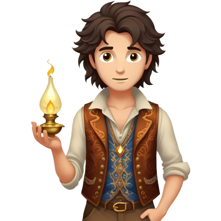 Cinematic Realistic Aladdin Portrait, depicted with lifelike, warm skin textures and a confident yet approachable gaze. His dark, wind-tousled hair frames expressive eyes full of adventure and kindness. Dressed in his iconic vest and loose trousers with intricate detailing, he holds a subtle glimmer of a magic lamp, all rendered under soft natural lighting with a radiant glow that captures his resourceful spirit. emoji