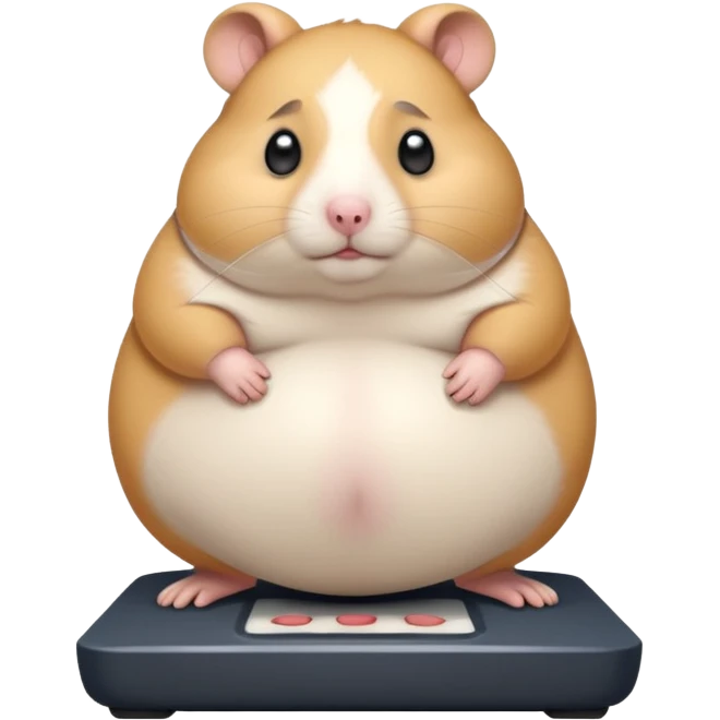 fat hamster big belly stepping on a broken scale looking guilty with a tear emoji