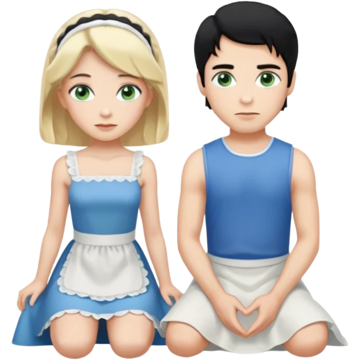 Prince, standing, black hair, blue eyes, and maid, blonde Hair, green eyes, white short sleveless dress, kneeling  emoji