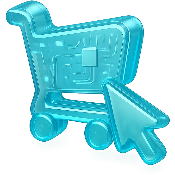 Flat icon of a shopping cart with a digital cursor, cyan blue emoji