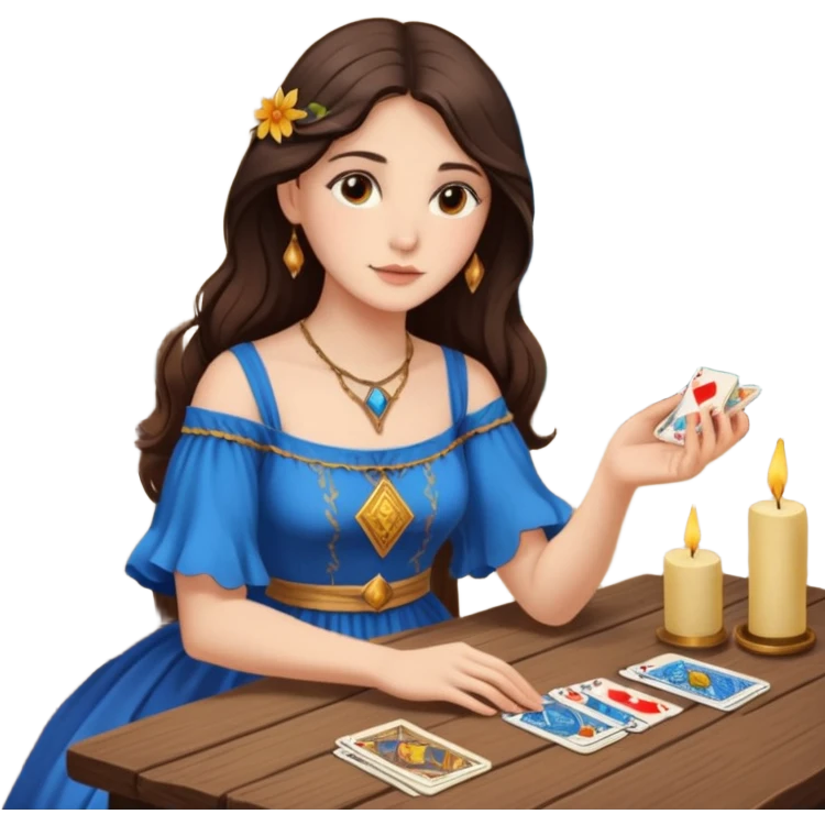 Create a brunette girl with brown eyes sitting at a table with tarot cards. emoji