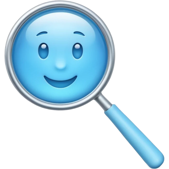 A 3D emoji-style magnifying glass, smooth rounded shapes, soft gradient blue ring, glossy plastic material, subtle highlights and reflections, simple minimal design, pastel blue color, slightly thick proportions, soft lighting, clean white background, modern emoji aesthetic, centered composition emoji
