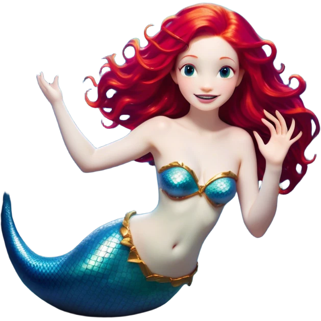 Cinematic Realistic Red Hair Mermaid Portrait, head tilted dramatically with an exaggeratedly amused expression, featuring a striking, vibrant form with meticulously detailed, flowing red hair and luminous porcelain skin. Her expressive eyes burst with playful marine mischief, rendered with dynamic underwater lighting and vibrant textures that convey an air of cheeky oceanic whimsy and over‐the‐top mermaid charm. emoji