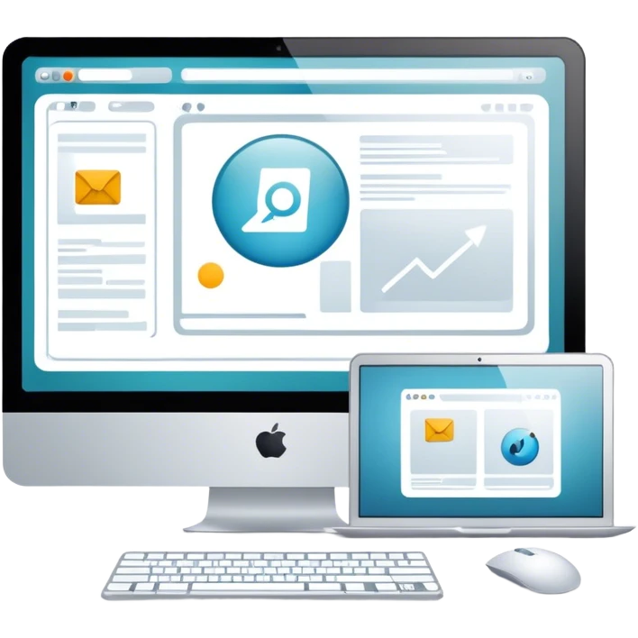 Modern icon for Web Design: computer screen with a website layout, design tools like a mouse and a stilus, web elements such as icons and wireframes. Transparent background. emoji