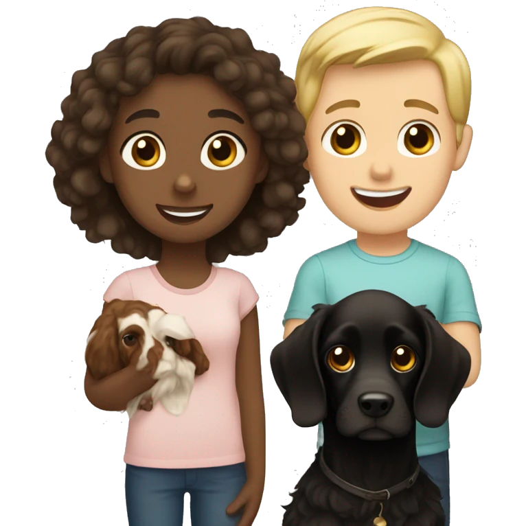 Brown haired girl and a blond haired boy both holding a black coker spaniel  emoji