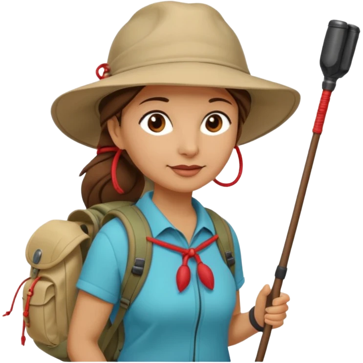 Middle aged women, long brown ponytail with wide brim hiking hat. With backpack and trekking poles. Backpack has a scallop shell with the cross of saint james hanging from it.  Remove the cross and add a scallop shell on a red string hanging from the backpack  emoji
