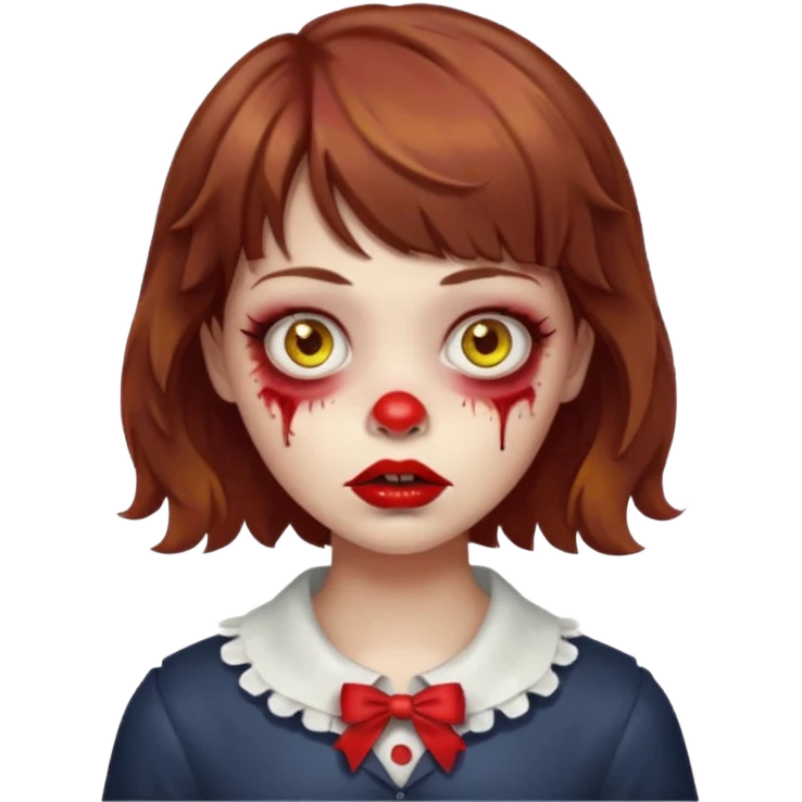 FAÇA UMA PERSONAGEM FOFA COM NARIZ DE BOLINHA AVERMELHADO CLARO E ZUMBI CABELO MARRON ONDULADO E FRANJA CURTA   COMO SE NÃO SOUBESSE OQ FEZ LÁBIOS CLAROS FECHADOS E OLHOS AMARELOS emoji