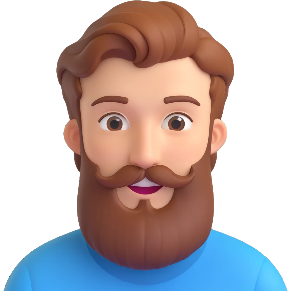 19-year-old man with early stage beard and mustache, happy expression emoji