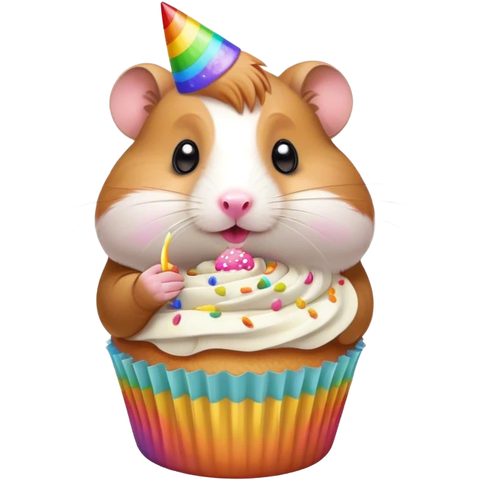 Brown hamster eating a vanilla cupcake with rainbow sprinkles  emoji