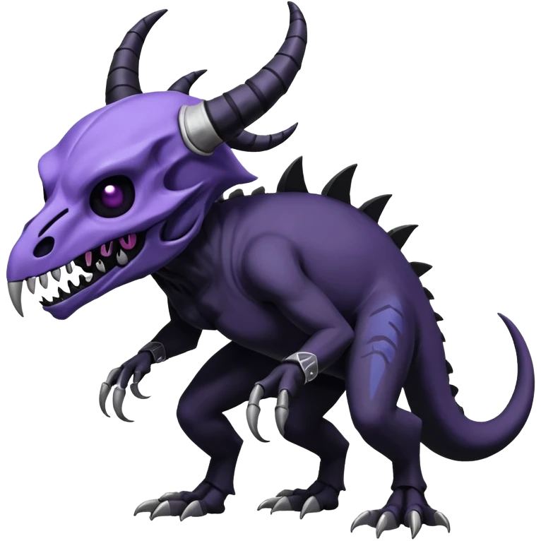Shiny Dark Edgy  Duskull-Salandit-Inteleon-Amaura-Fakémon-hybrid-creature (full body) with a horned animal-skull-mask emoji