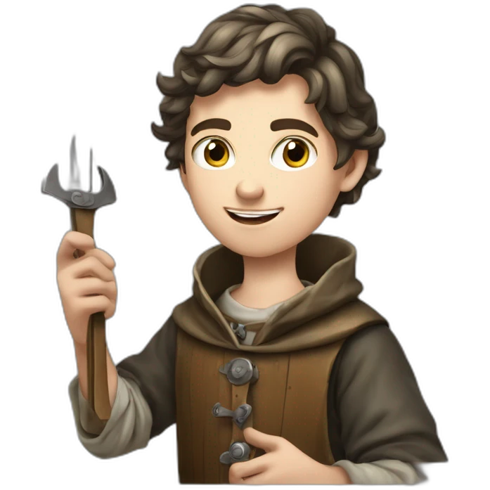 young coin engraver apprentice yielding tool, medieval age emoji