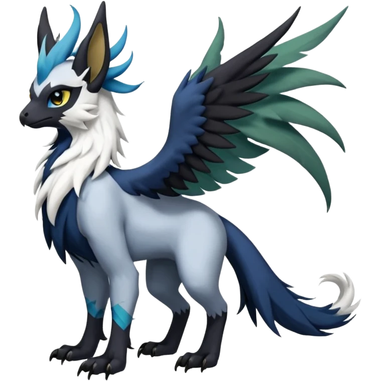 Dark-deep-colored gryphon-Trico-Nargacuga-Absol-Leafeon-Sprigatito-Silvally-fusion-hybrid with a long tufted tail, black beak, black claws, black tail, majestic, realistic, furry (full body) emoji