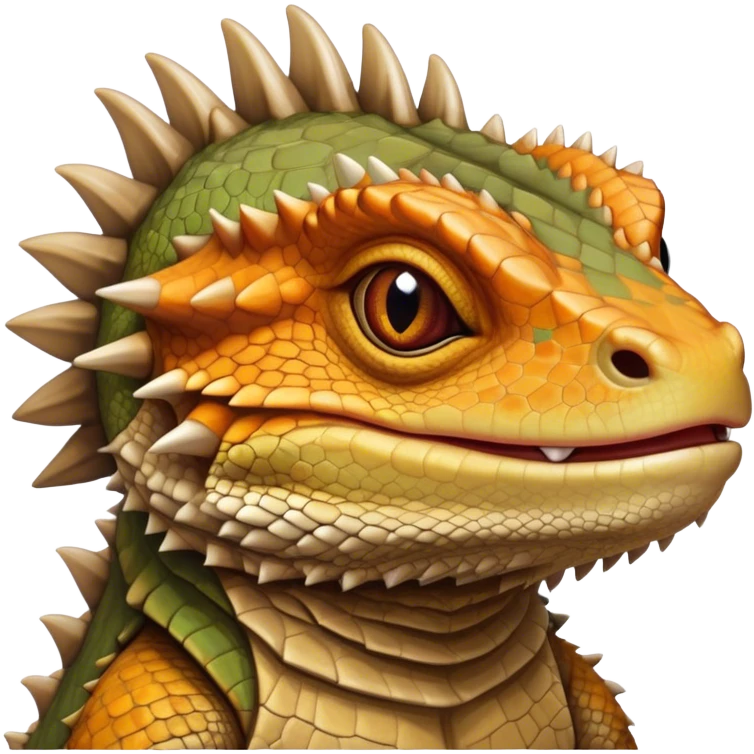 Cinematic Noble Bearded Dragon Portrait Emoji, Poised and regal, with a robust, angular build and a textured, scaled hide in earthy olive and sandy tones, a prominent spiky 'beard' beneath its chin and a keen, alert gaze, Simplified yet sharp and sophisticated features, highly detailed, glowing with a soft, dignified glow, high shine, intelligent and fierce, stylized with an air of desert majesty, focused and attentive, soft glowing outline, capturing the essence of a watchful and commanding reptile, so majestic it feels as though it could scuttle out of the screen with effortless authority! emoji