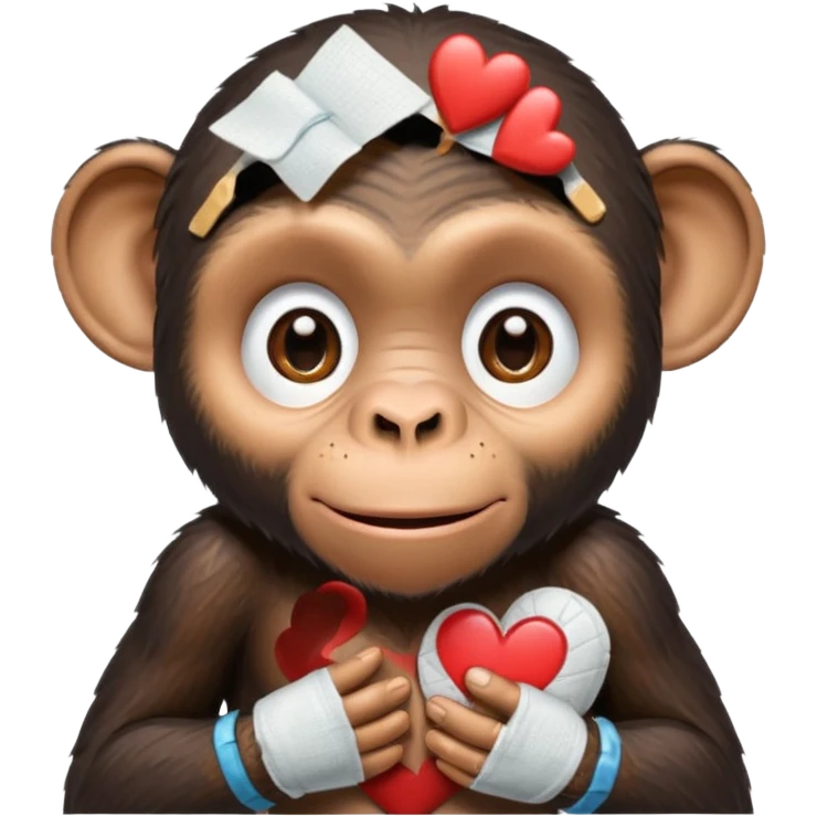 teary-eyed cartoon chimpanzee holding a broken heart and applying bandaids emoji