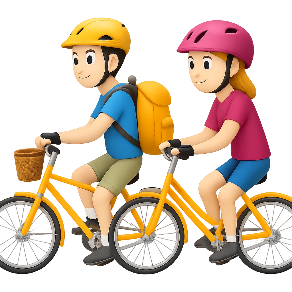Add another biker next to the tourist in the style of emoji (apple style emojis). Keep the emoji style and no background. emoji