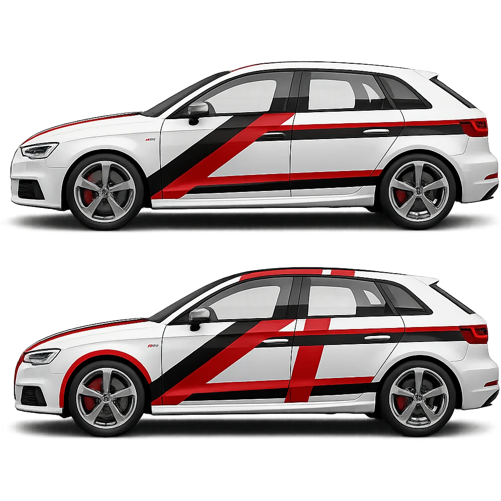 Add bold racing stripes to the white Audi S3 8V. Keep the background transparent. Maintain the car's original style and details. emoji