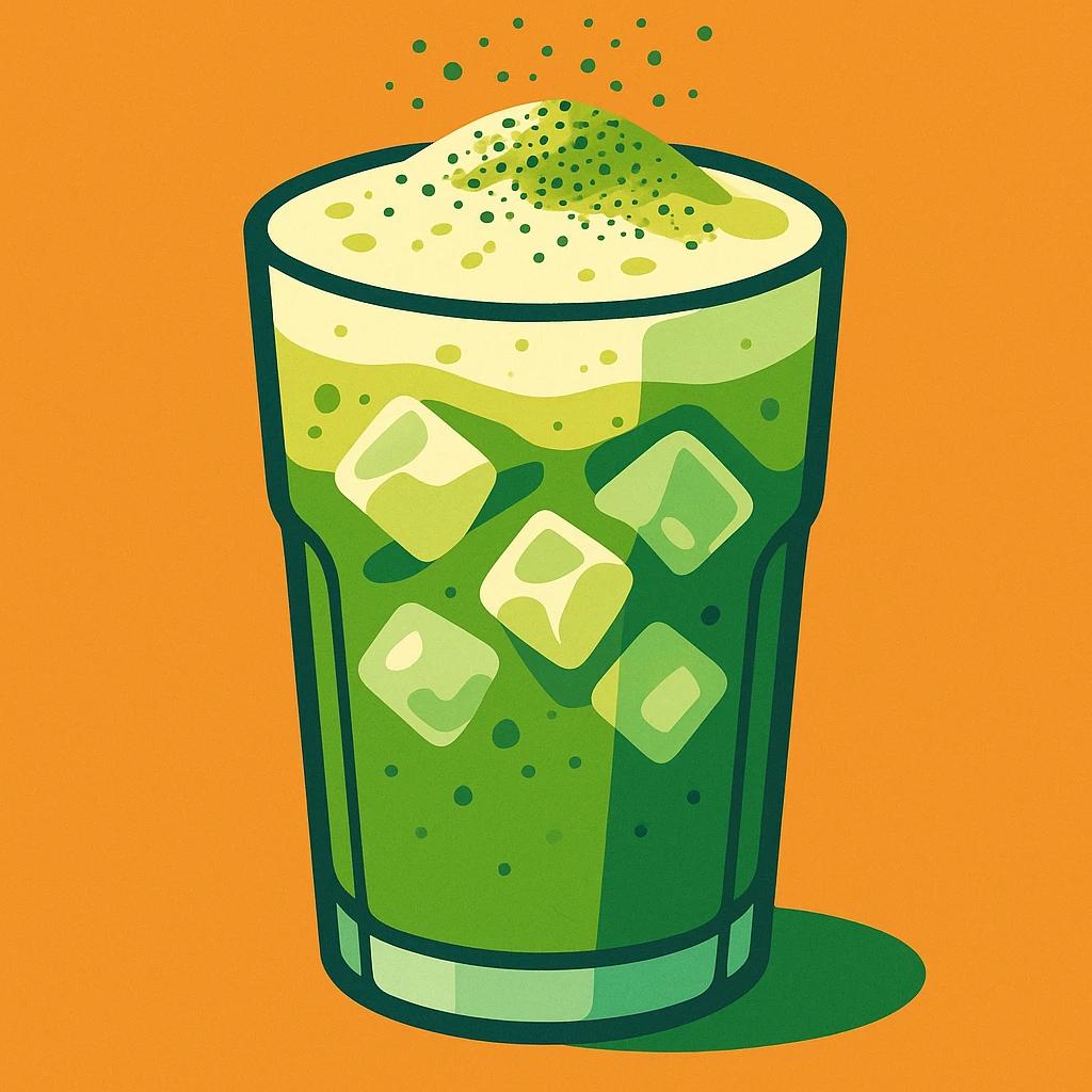 ice matcha latte with matcha powder sprinkled on top, glass filled with ice, cool and inviting emoji