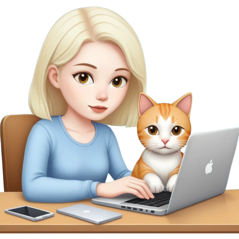 A girl is working on a laptop with a cat lying next to it emoji