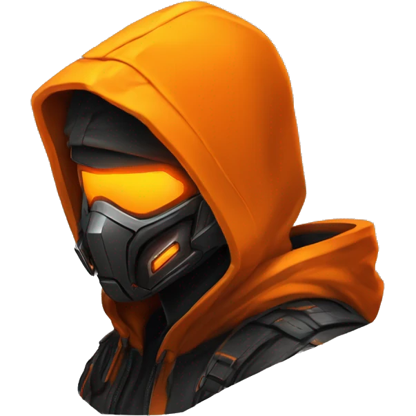  developer behind his laptop with this style : crysis Cyberpunk Valorant orange glowing bright orange character orange black hooded assassin themed character emoji