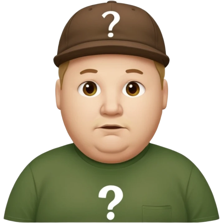 white fat man with brown cap and green t shirt printeed a question mark emoji