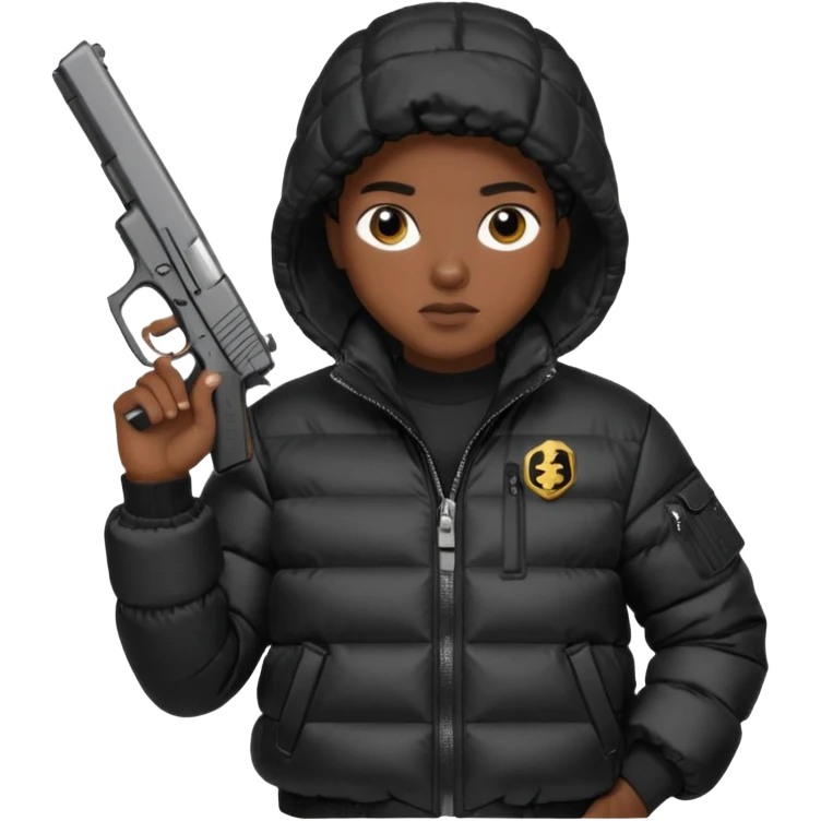 african american wearing a black puffer jacket with the hood on and holding a glock 26 emoji