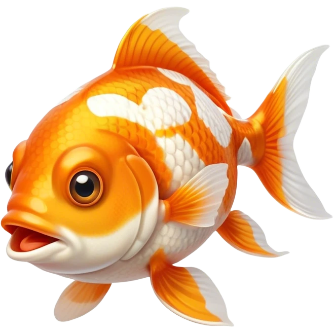 Cinematic Comical Orange and White Goldfish Portrait Emoji, Head tilted dramatically with an exaggeratedly amused expression, featuring a striking body with bold orange and white patterns, wide, expressive golden eyes filled with playful disbelief, Simplified yet hilariously expressive features, highly detailed, glowing with a slightly sassy glow, high shine, dramatic yet playful, stylized with an air of cheeky mischief, bright and endearing, soft glowing outline, capturing the essence of a spirited and over-the-top goldfish, so meme-worthy it feels like it could side-eye its way into internet fame instantly! emoji