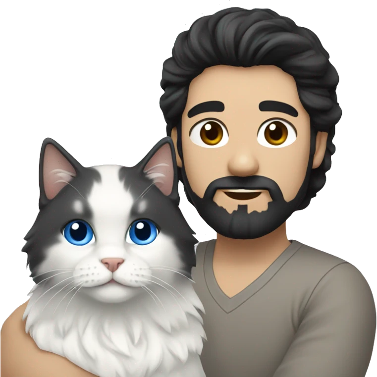 Man with black hair and beard and holding a all white Siberian cat with blue eyes emoji