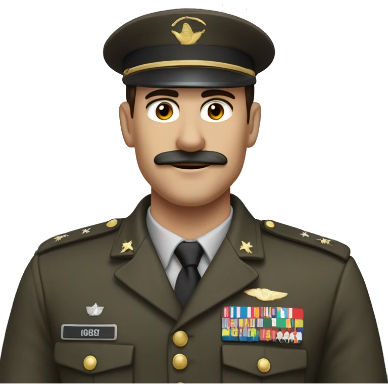 Man in military uniform with thin mustache and parted dark brown hair with his right arm raised at a 45 degree angle upward emoji