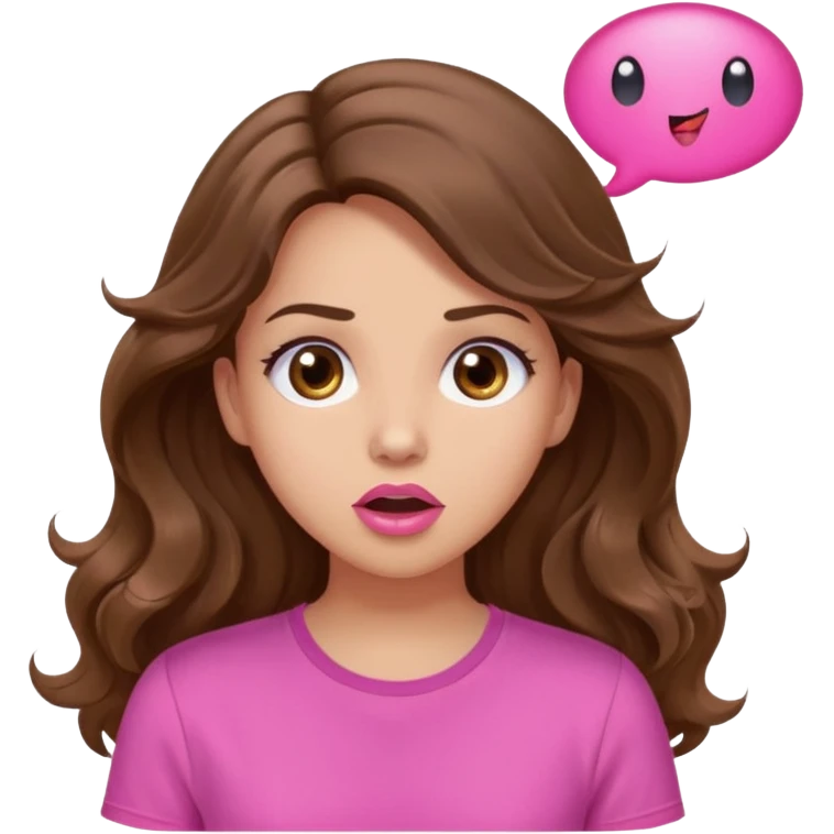 girl with long wavy brown hair, brown eyes, light to medium complexion, in a pink shirt, pink lips, long lashes, surprised, wow speech bubble emoji